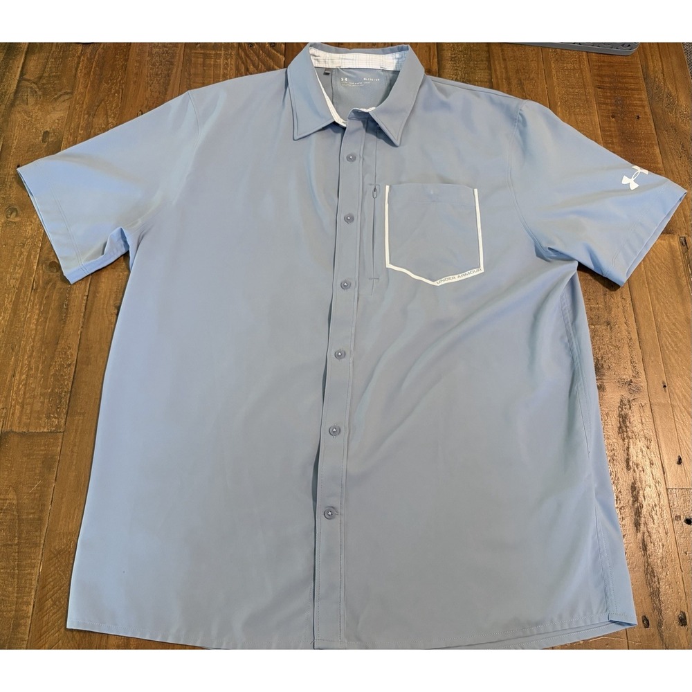 Under Armour Shirt Mens X-Large Blue Short Sleeve Button Up Pockets Outdoor